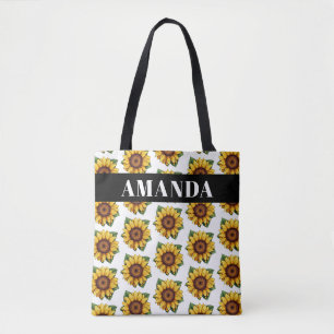 Cartoon geel aangepaste naam zonnebloempatroon tote bag