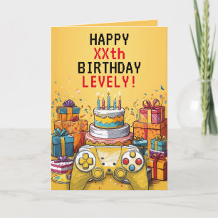 Cartoon Geel & Rood Game Controller Cake Verjaarda Kaart