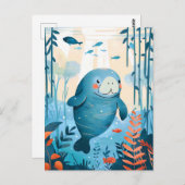 Cartoon Gentle Manatee in de oceaan Briefkaart (Voorkant / Achterkant)