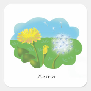 cartoon gepersonaliseerde paardenbloem in de weide vierkante sticker