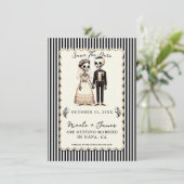 Cartoon geraamte bruid + bruidegom save the date kaart (Staand voorkant)