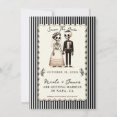 Cartoon geraamte bruid + bruidegom save the date kaart (Voorkant)