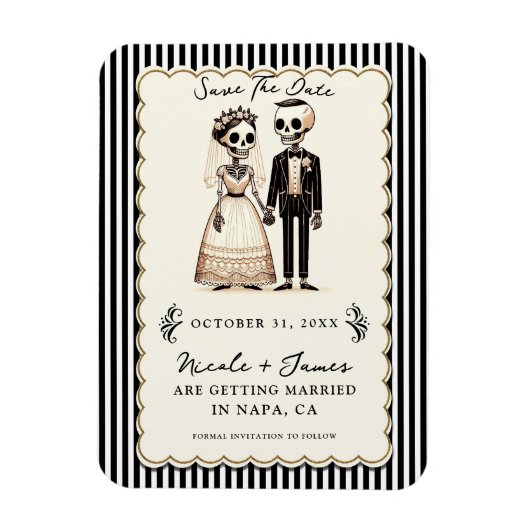 Cartoon geraamte bruid + bruidegom save the date magneet (Verticaal)