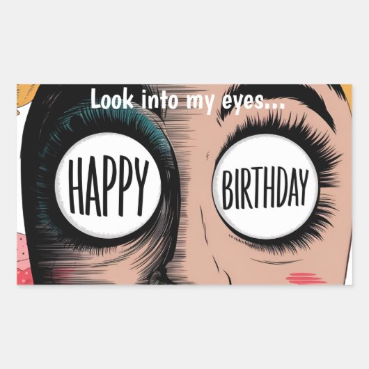 Cartoon gezicht grote ogen gelukkige verjaardag in rechthoekige sticker (Voorkant)