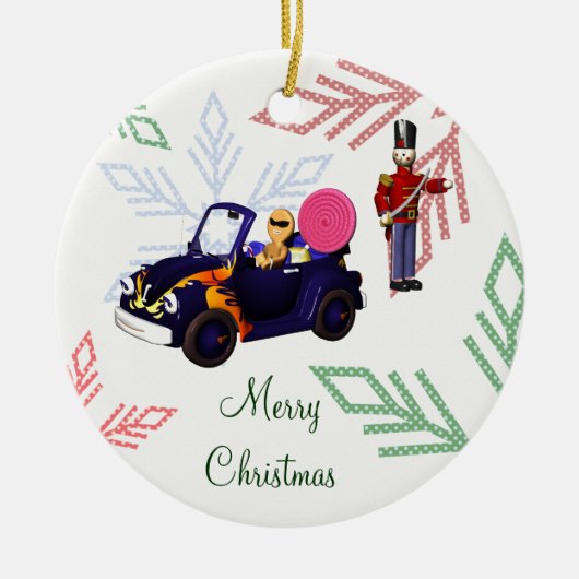 Cartoon Gingerbread Cruising in een Speelgoed-auto Keramisch Ornament (Voorkant)