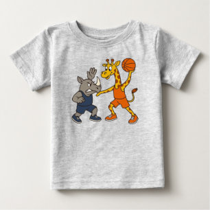 Cartoon giraf en neushoorn die basketbal spelen