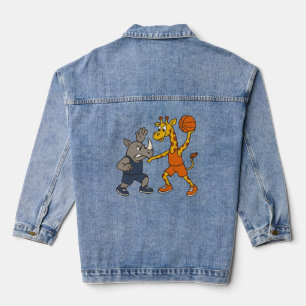 Cartoon giraf en neushoorn spelen basketbal denim jacket