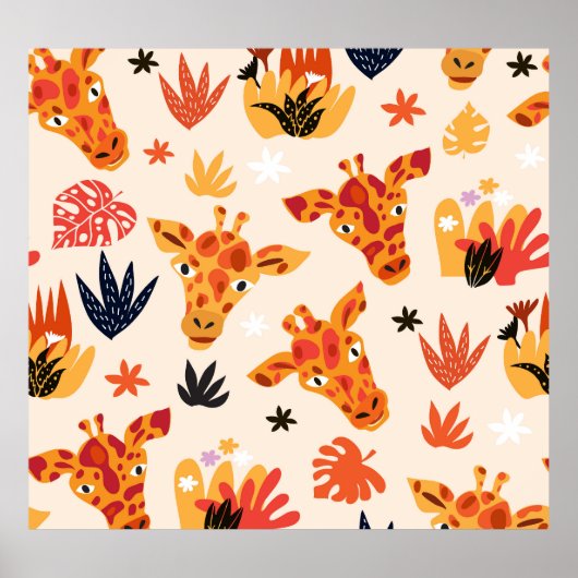 Cartoon Giraffe: bloemensavannepatroon Poster (Voorkant)