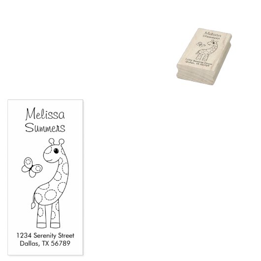 Cartoon Giraffe en vlinderkleur Adres Rubberstempel (Gestempeld)