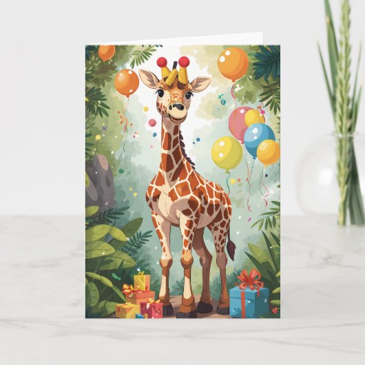 Cartoon Giraffe met Ballonnen & Cadeaus | KAART (Voorkant)