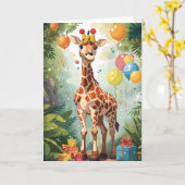 Cartoon Giraffe met Ballonnen & Cadeaus | KAART (Gele Bloem)