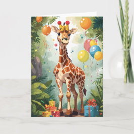 Cartoon Giraffe met Ballonnen & Cadeaus | KAART