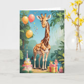 Cartoon Giraffe met Balloons & Cake| Kaart (Gele Bloem)