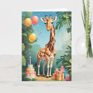 Cartoon Giraffe met Balloons & Cake  Kaart