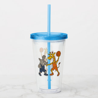Cartoon giraffe & rhino playing basketball acryl drinkbeker