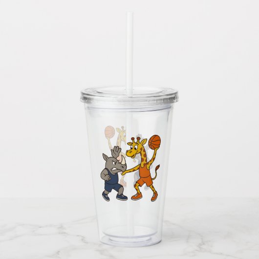 Cartoon giraffe & rhino playing basketball acryl drinkbeker (Voorkant)