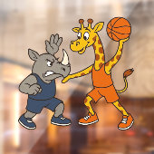 Cartoon giraffe & rhino playing basketball raamsticker (Vel 2)