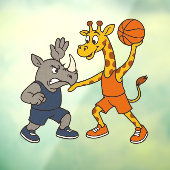 Cartoon giraffe & rhino playing basketball raamsticker (Vel 3)