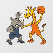 Cartoon giraffe & rhino playing basketball raamsticker (Vel)