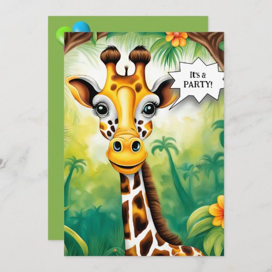 Cartoon Giraffe Verjaardagsfeestje Kaart (Voorkant / Achterkant)