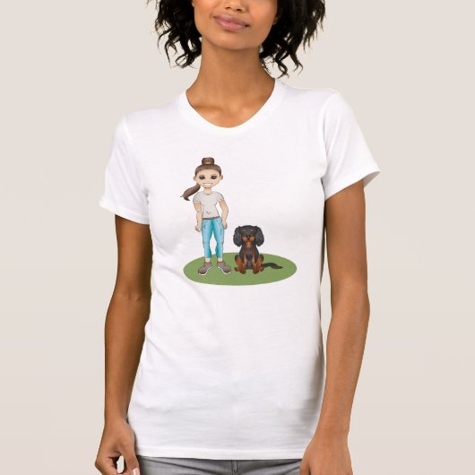 Cartoon Girl & Black en Tan Cavalier Spaniel Dog T-shirt (Voorkant)