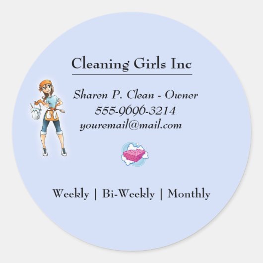 Cartoon Girl Cleaning Service Business Ronde Sticker (Voorkant)