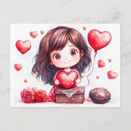 Cartoon Girl Holding Heart Romantic Valentine’s Da Briefkaart