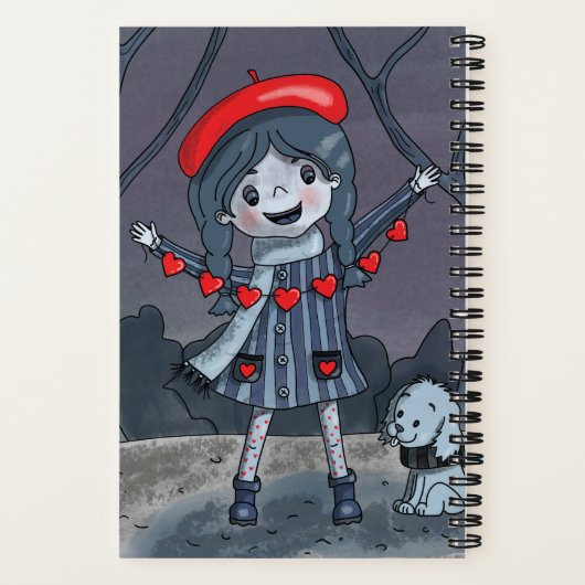 Cartoon Girl met Red Heart Garland Sketchbook Notitieboek (Achterkant)