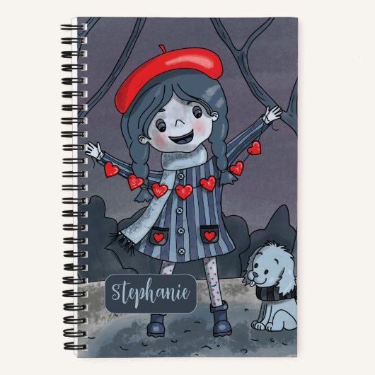 Cartoon Girl met Red Heart Garland Sketchbook Notitieboek (Voorkant)
