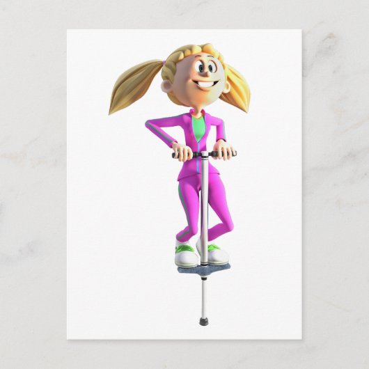 Cartoon Girl op een pogo-stick Briefkaart (Voorkant)