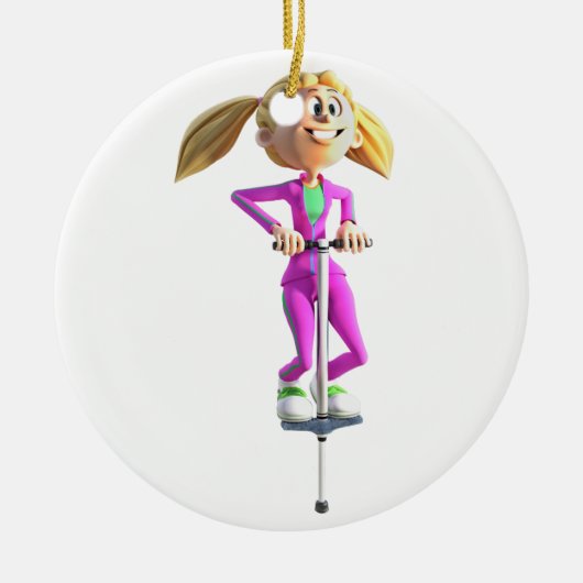 Cartoon Girl op een pogo-stick Keramisch Ornament (Voorkant)
