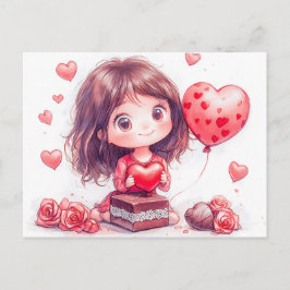 Cartoon Girl Surrounded by Roses Romantic Valentin Briefkaart
