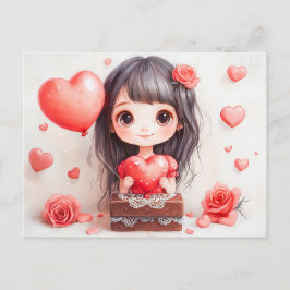 Cartoon Girl with Roses and Hearts Sweet Valentine Briefkaart