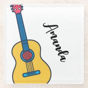 Cartoon Gitaar met Bold Neck Strings Naam Glazen Onderzetter
