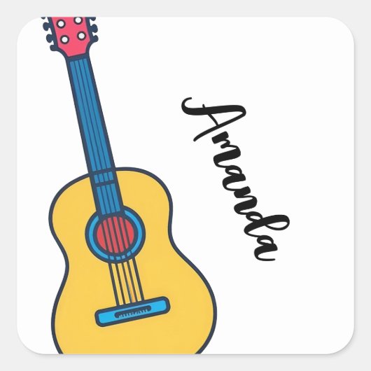 Cartoon Gitaar met Bold Neck Strings Naam Vierkante Sticker (Voorkant)