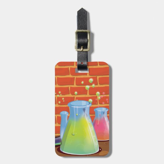 Cartoon Glass Science-apparatuur op een bank Bagagelabel (Voorkant verticaal)