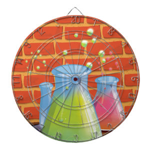 Cartoon glazen wetenschappelijke apparatuur op een dartbord
