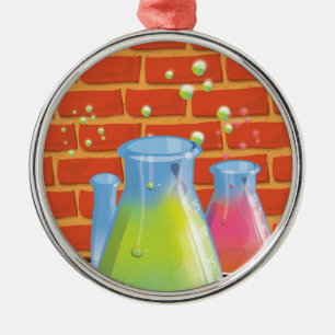 Cartoon glazen wetenschappelijke apparatuur op een metalen ornament
