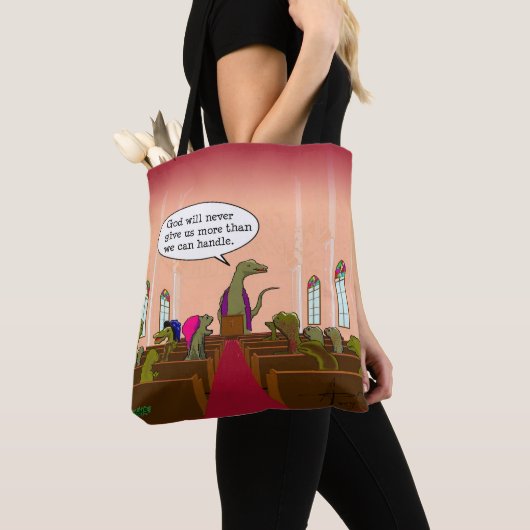Cartoon God geeft ons nooit meer dan we aankunnen Tote Bag (Dichtbij)