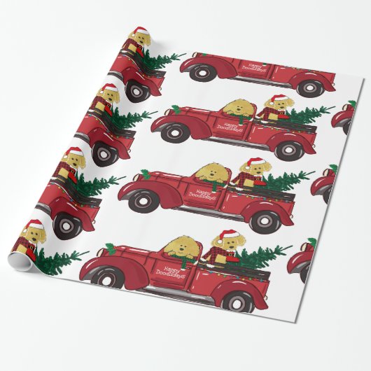 Cartoon Goldendoles Red Kerstmis Truck Cadeaupapier (Uitgerold)