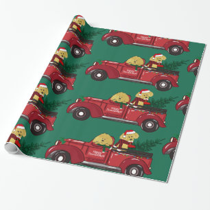 Cartoon Goldendoles Red Kerstmis Truck Cadeaupapier