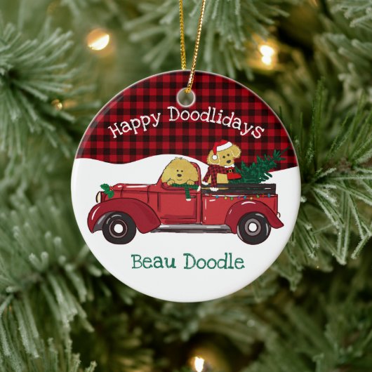 Cartoon Goldendoles Red Kerstmis Truck Keramisch Ornament (Boom)