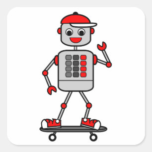 Cartoon Grey Robot Dragen Rood Pet op Skateboard Vierkante Sticker