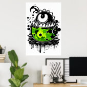 Cartoon groen monster een oog | AI Art Poster (Thuiskantoor)