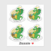 Cartoon groene draak met schat en tekst sticker (Vel)