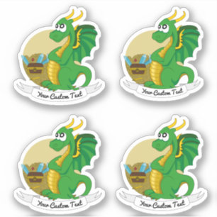 Cartoon groene draak met schat en tekst sticker