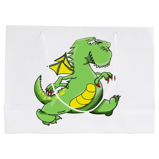 Cartoon groene draak op zijn achterpoten groot cadeauzakje (Achterkant)
