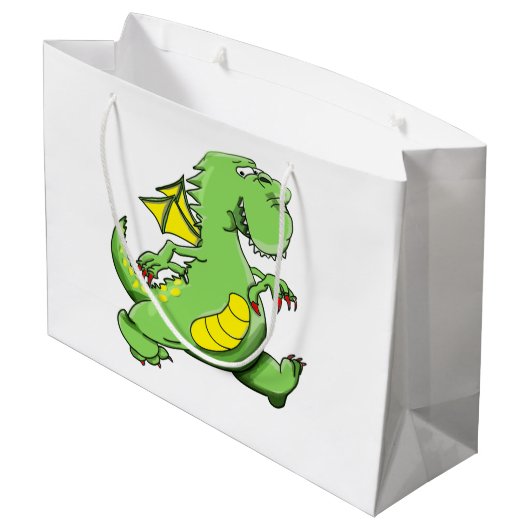 Cartoon groene draak op zijn achterpoten groot cadeauzakje (Achterkant Gekanteld)