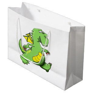 Cartoon groene draak op zijn achterpoten groot cadeauzakje