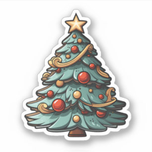 Cartoon Groene Kerstboom met Rode Bauble Sticker
